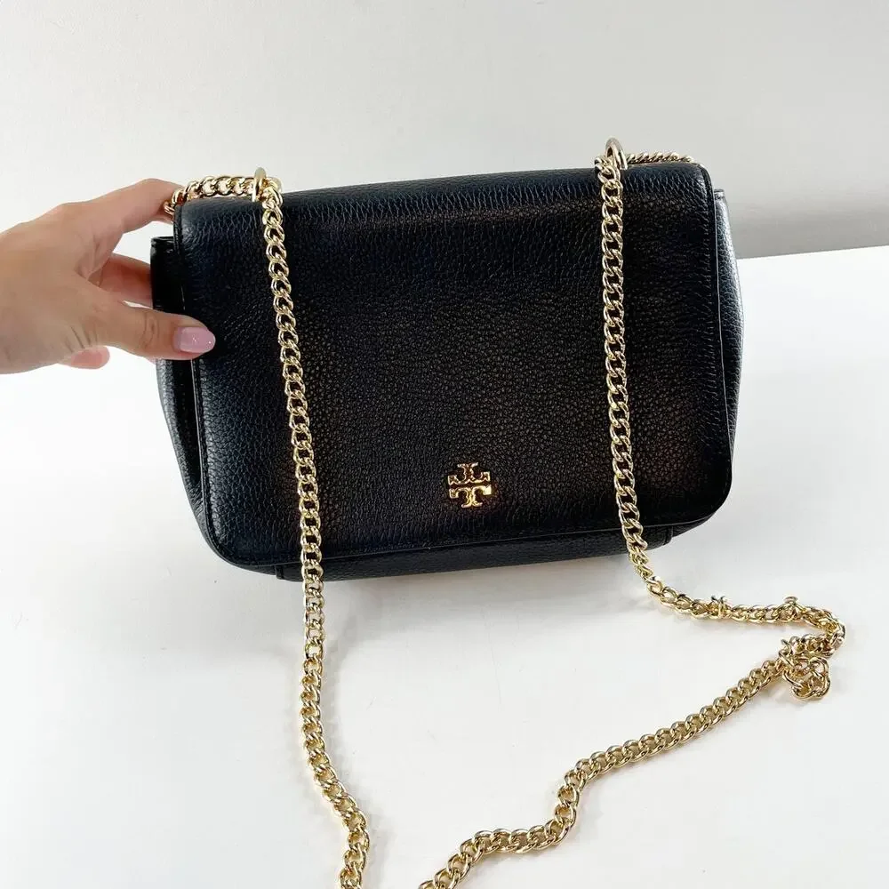 Tory Burch Carter Chain Crossbody Leather Shoulder Bag Purse Black Gold
